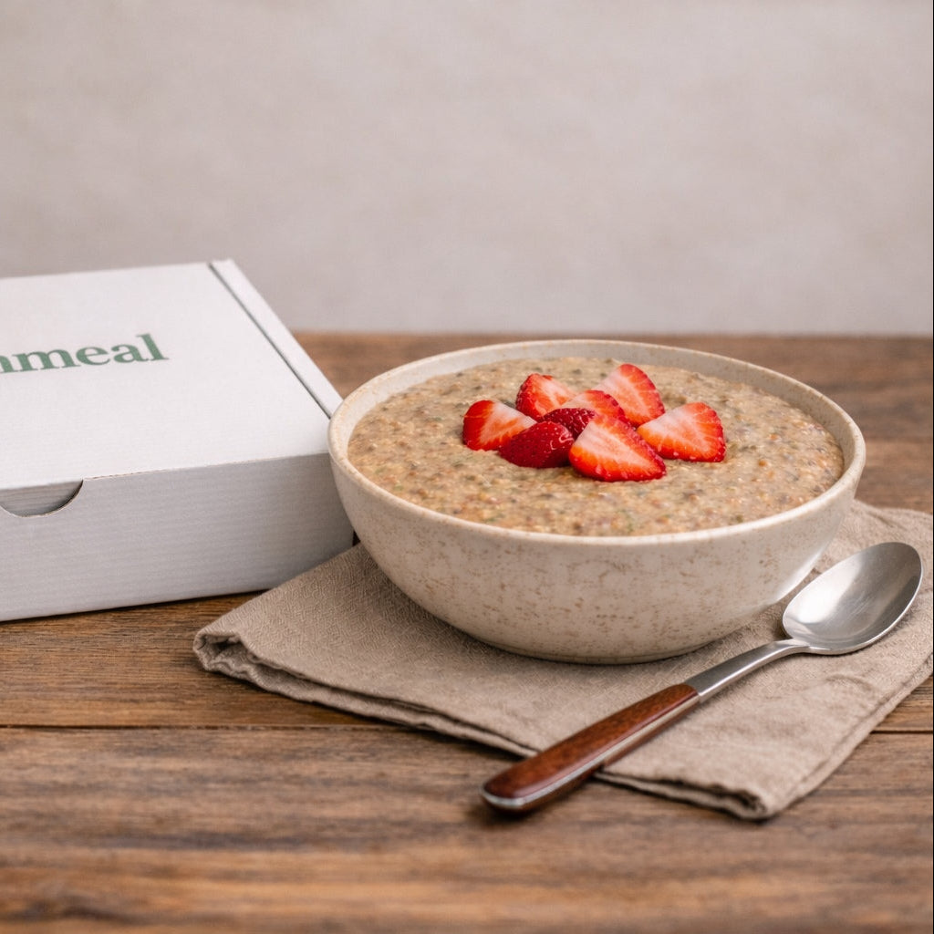 Bowl of nourishmeal with strawberries and a spoon next to a 'nourishmeal' box on a wooden table.
