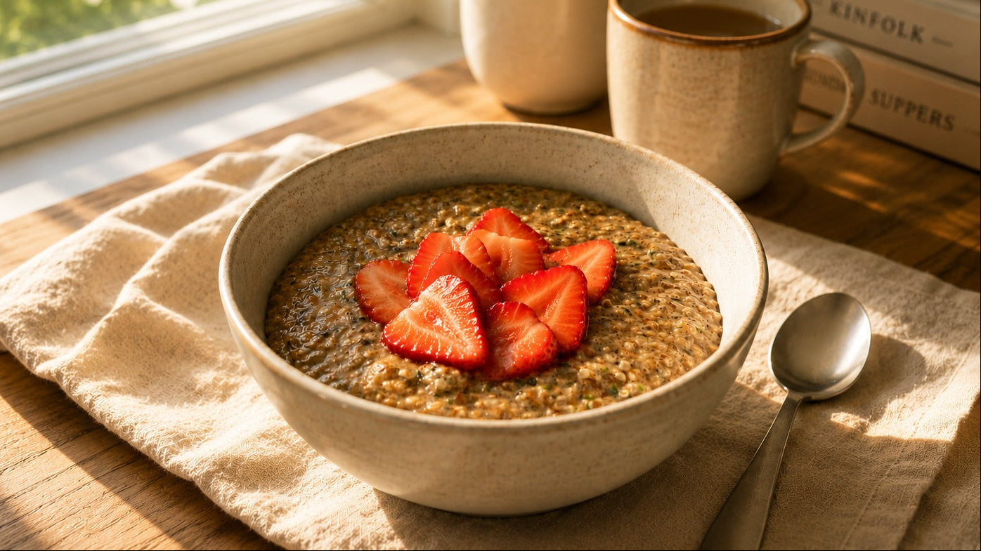 nourishmeal with strawberries on sunny table
